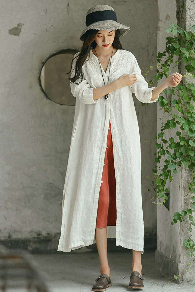 Fashion Embroidery Linen Long White Coat For Women C1791– FantasyLinen Fashion Embroidery Linen Long White Coat For Women C1791– FantasyLinen