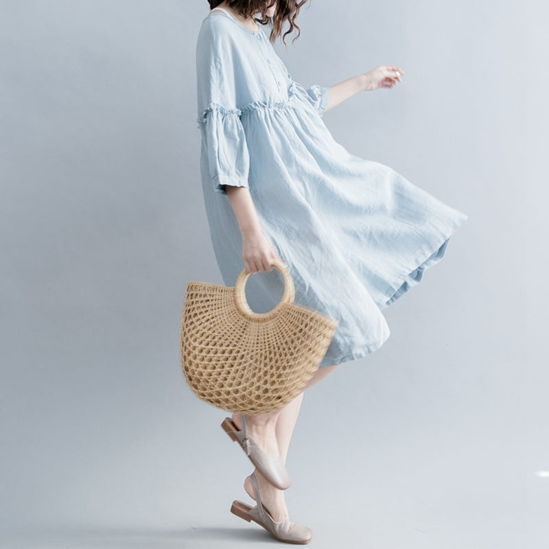 Cute High Waist Cotton Linen Dresses Women Casual Clothes Q1862 S/M/L / Blue
