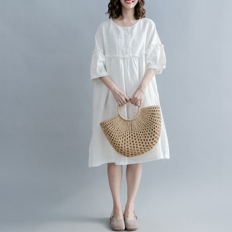 Cute High Waist Cotton Linen Dresses Women Casual Clothes Q1862 S/M/L / Blue