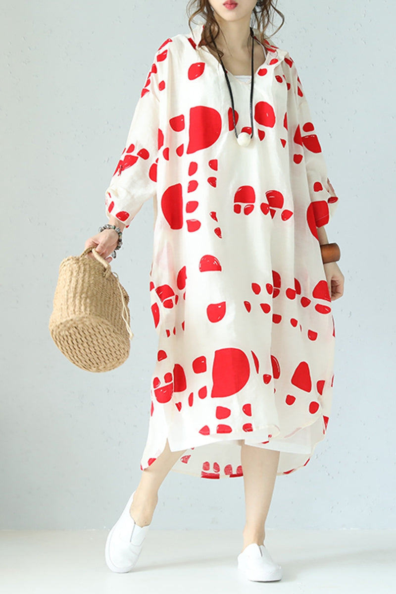 white christmas dresses Casual Loose Summer Red Dot White Silk Linen Long Dresses Women Clothe–  FantasyLinen