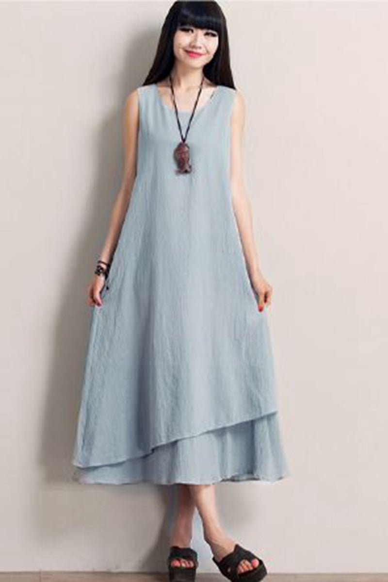 Vintage Sleeveless Cotton Maxi Dresses Women Casual Clothes