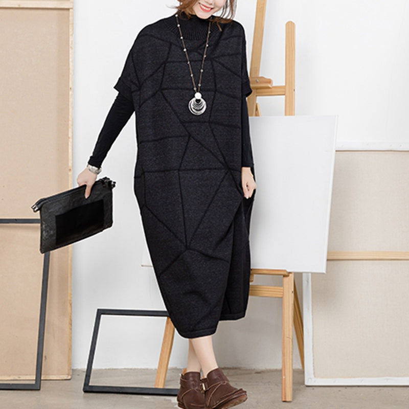 Loose Black Half Sleeve High Neck Sweater Dresses For Women Q2217–  FantasyLinen