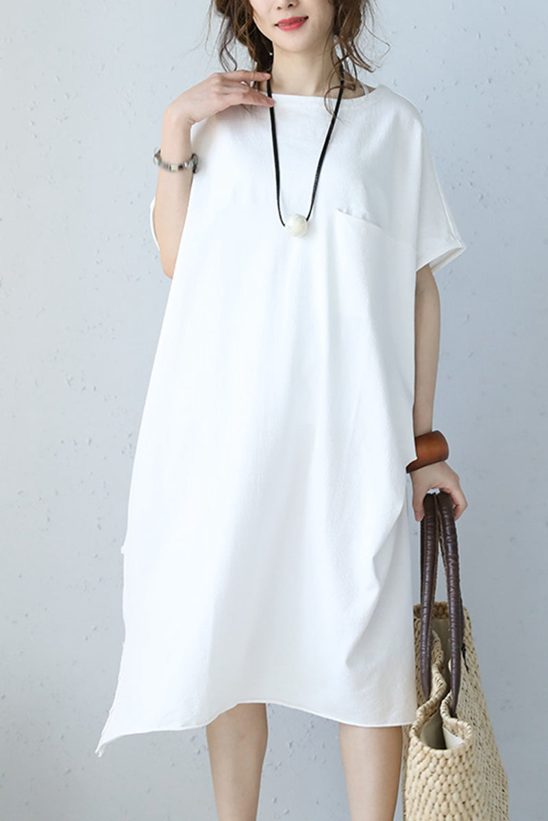 Casual Summer Loose Round Neck Cotton Pocket Dress Summer Women Clothes Q1061 S / White Casual Summer Loose Round Neck Cotton Pocket Dress Summer Women Clothes Q1061 S / White
