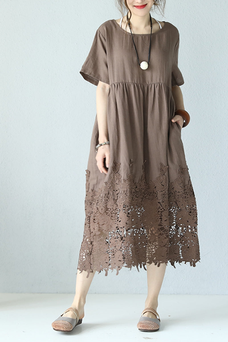 Casual Loose Fitting Round Neck Lace Linen Long Dress Q9901 Casual Loose Fitting Round Neck Lace Linen Long Dress Q9901