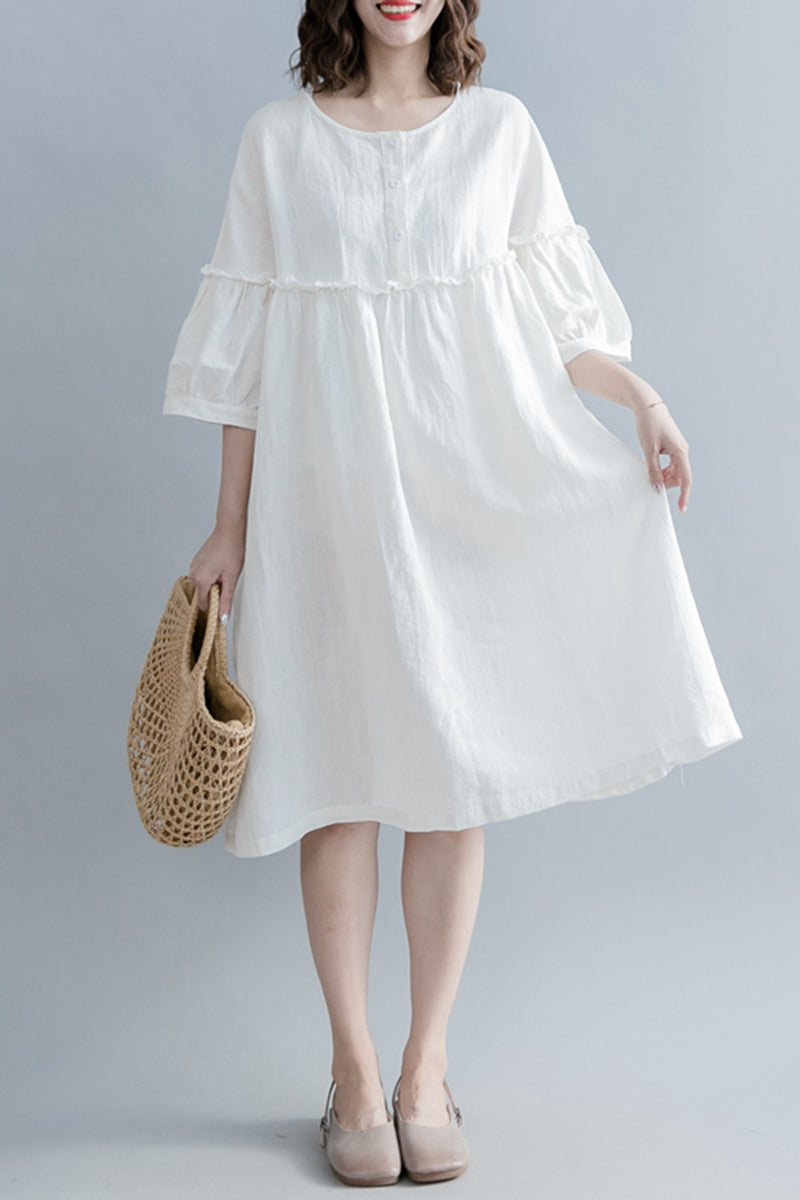 Cute High Waist Cotton Linen Dresses Women Casual Clothes Q1862 S/M/L / White Cute High Waist Cotton Linen Dresses Women Casual Clothes Q1862 S/M/L / White