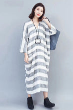 Load image into Gallery viewer, Fashion Striped Linen Maxi Dress Women Autumn Outfits 810
