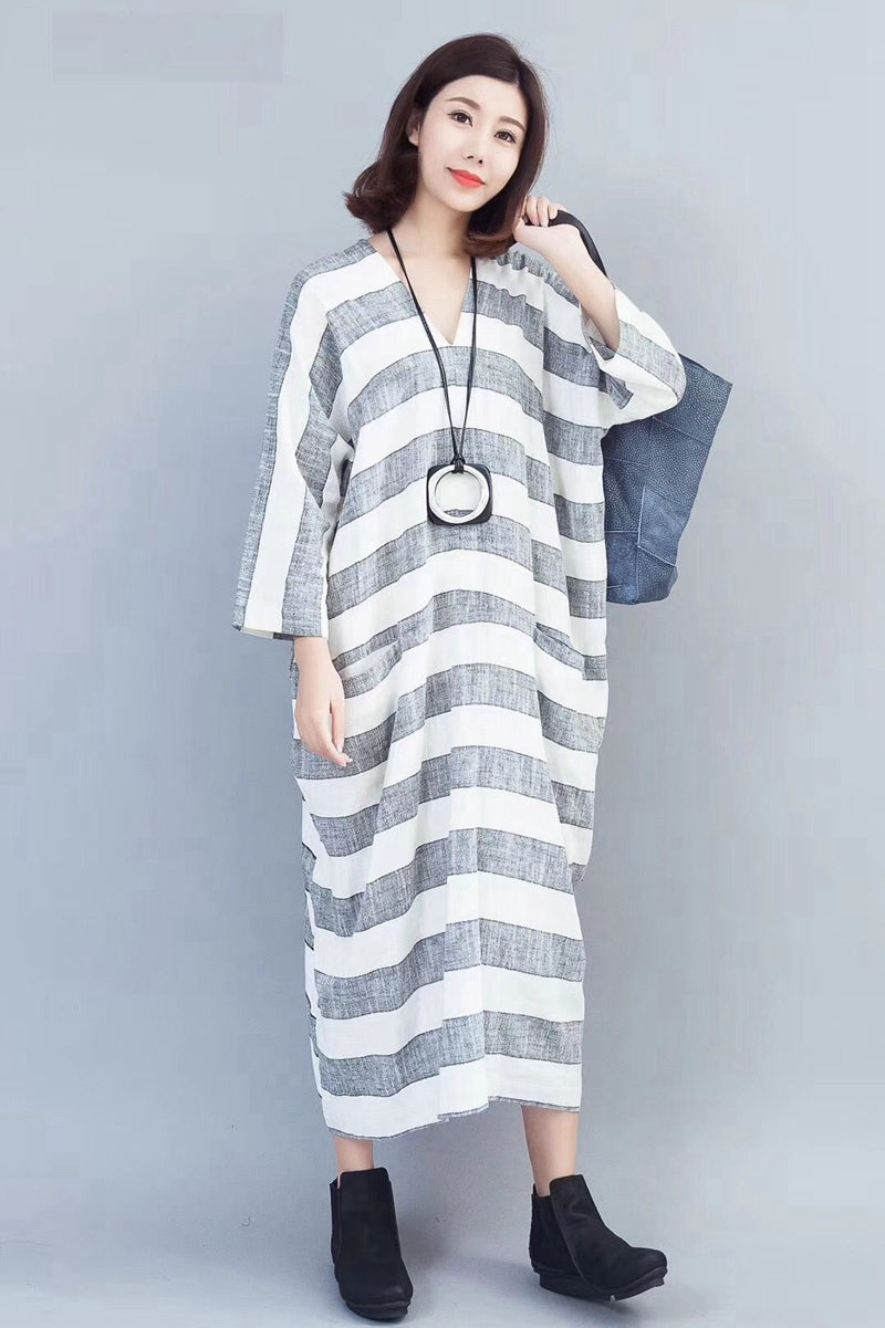 Fashion Striped Linen Maxi Dress Women Autumn Outfits 810