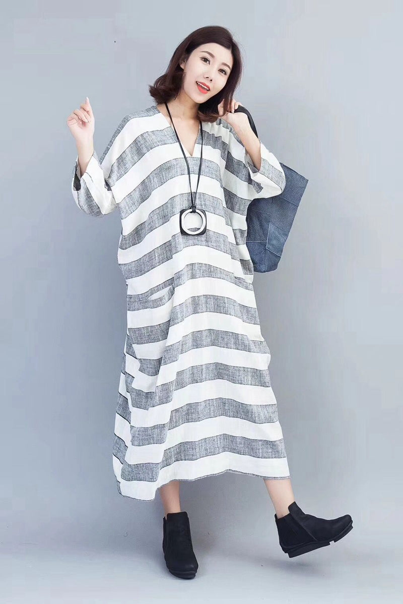 black and white striped maxi dress outfit Fashion Striped Linen Maxi Dress Women Autumn Outfits 810