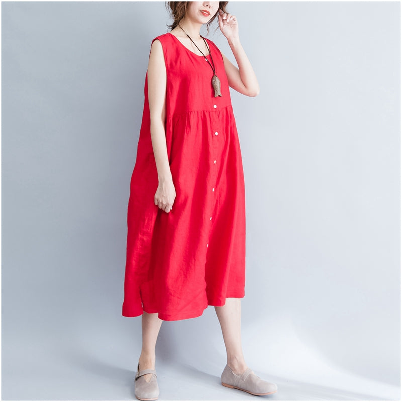 Summer Loose Sleeveless Button Down Cotton Dress Q1652– FantasyLinen