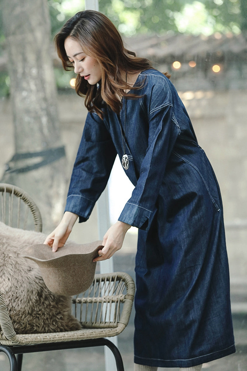 Loose Blue Denim Maxi Dresses Women Cowboy Clothes Q8925 FantasyLinen Loose Blue Denim Maxi Dresses Women Cowboy Clothes Q8925 FantasyLinen