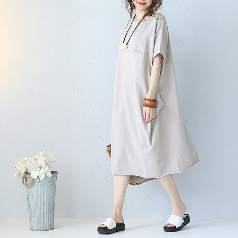 Casual Summer Loose Round Neck Cotton Pocket Dress Summer Women Clothes Q1061 M / Khaki