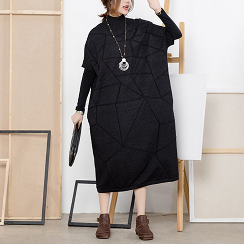 Loose Black Half Sleeve High Neck Sweater Dresses For Women Q2217–  FantasyLinen