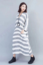 Load image into Gallery viewer, Fashion Striped Linen Maxi Dress Women Autumn Outfits 810
