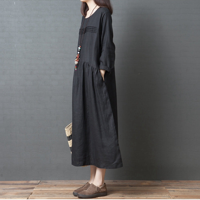 Korea Style Loose Linen Maxi Dresses For Women Q3093