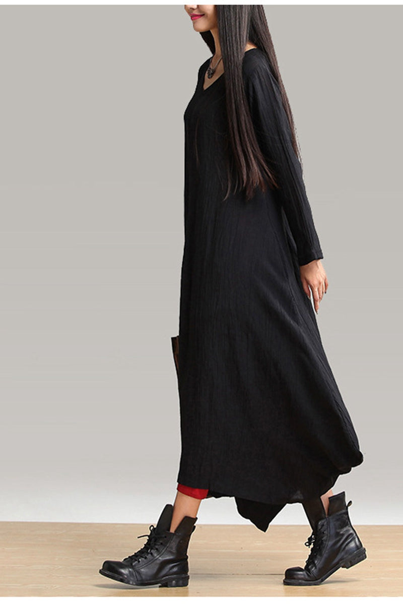 Fall Plus Size Maxi Black Linen Dress Q1656 Fall Plus Size Maxi Black Linen Dress Q1656