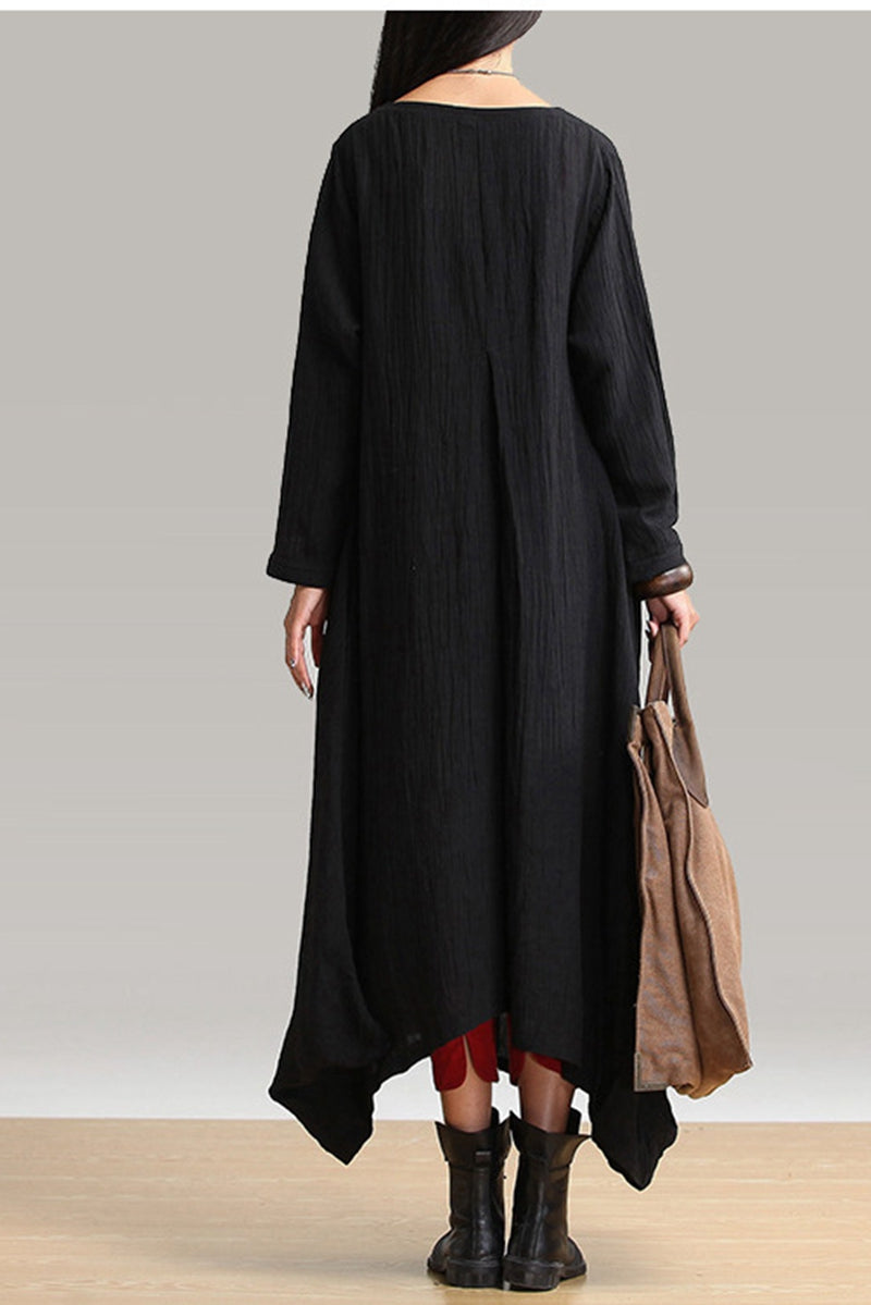 Fall Plus Size Maxi Black Linen Dress Q1656 Fall Plus Size Maxi Black Linen Dress Q1656
