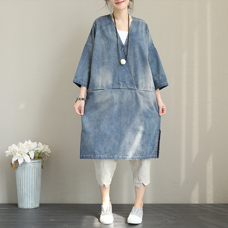 Vintage Loose Blue Denim Dresses Women Cotton Fall Outfits Q1388 FantasyLinen Vintage Loose Blue Denim Dresses Women Cotton Fall Outfits Q1388 FantasyLinen