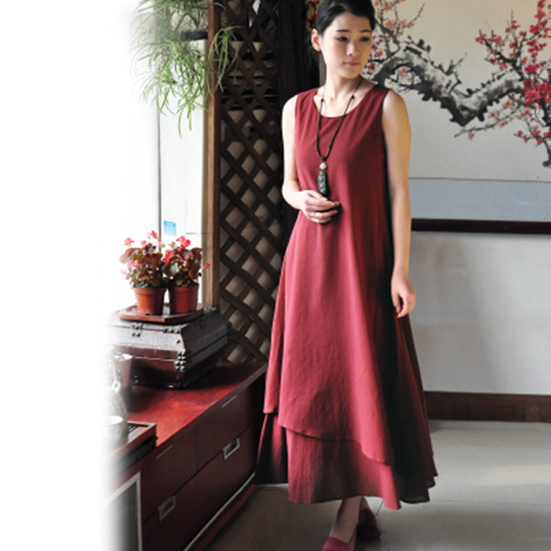 Vintage Sleeveless Cotton Maxi Dresses Women Casual Clothes Q1771–  FantasyLinen