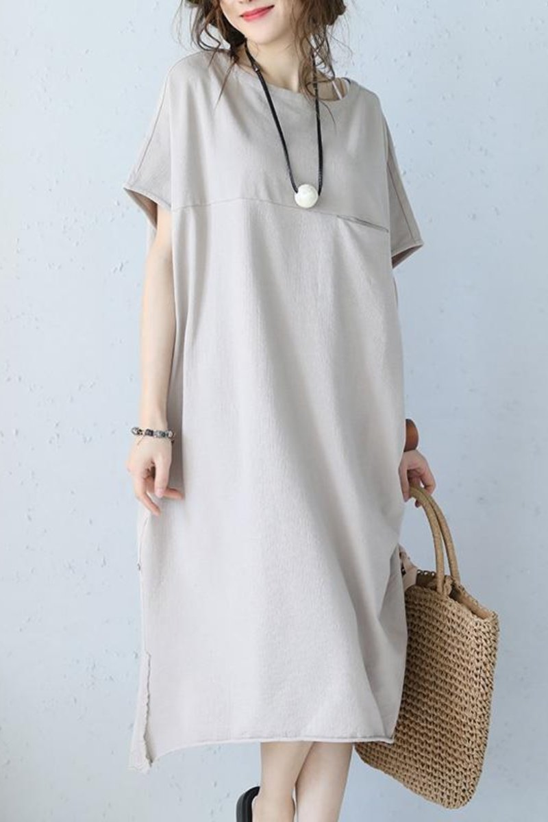 Casual Summer Loose Round Neck Cotton Pocket Dress Summer Women Clothes Q1061 M / Khaki Casual Summer Loose Round Neck Cotton Pocket Dress Summer Women Clothes Q1061 M / Khaki