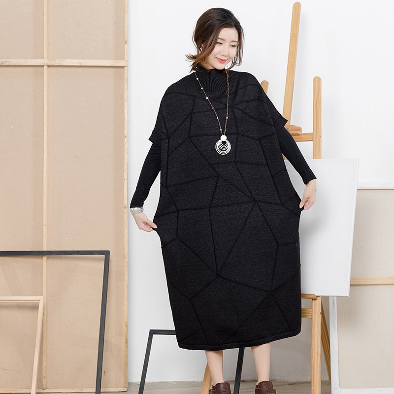 Loose Black Half Sleeve High Neck Sweater Dresses For Women Q2217