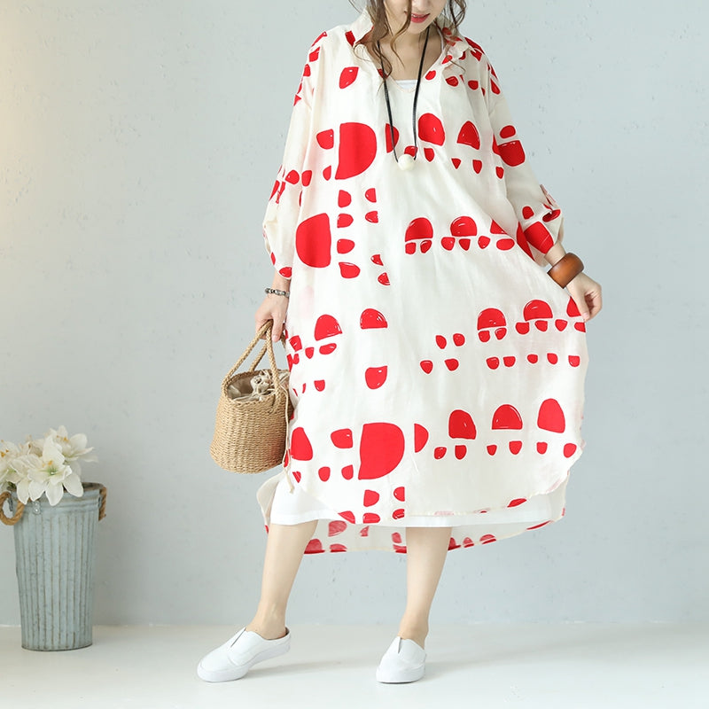 Casual Loose Summer Red Dot White Silk Linen Long Dresses Women Clothe–  FantasyLinen