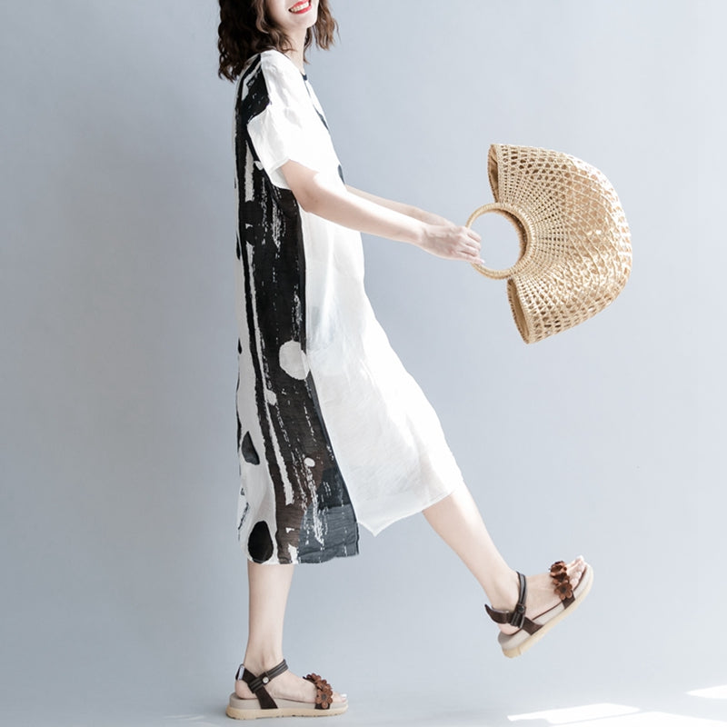 Summer Loose Cotton Linen White Dress Women Casual Clothes Q1865–  FantasyLinen