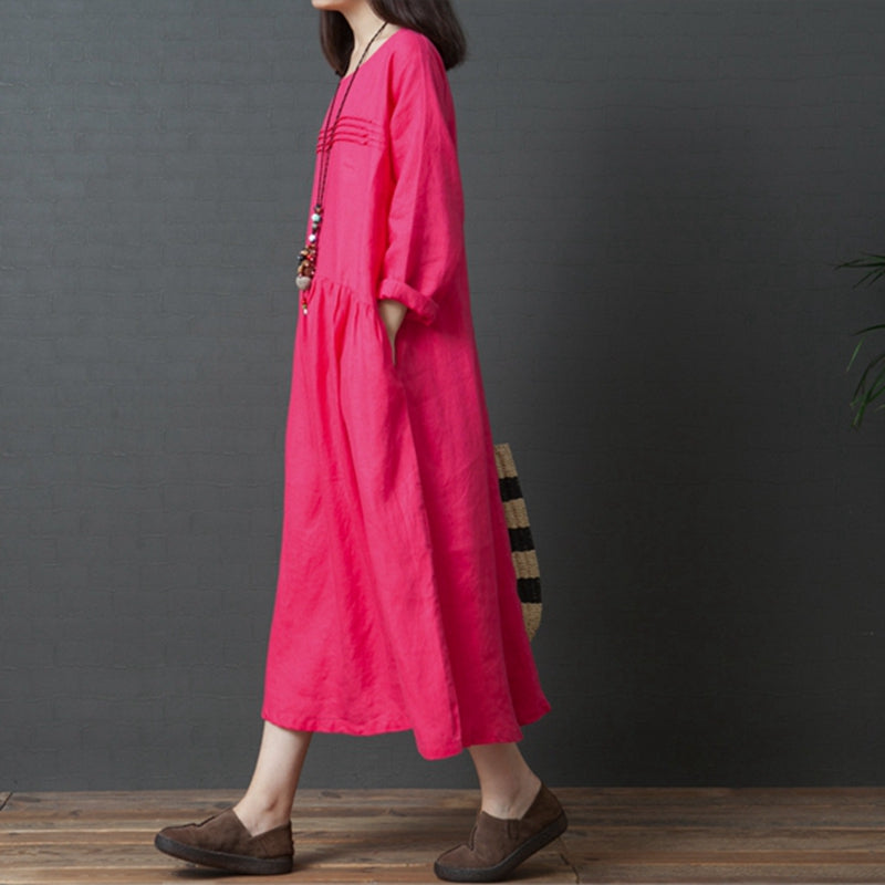 Korea Style Loose Linen Maxi Dresses For Women Q3093