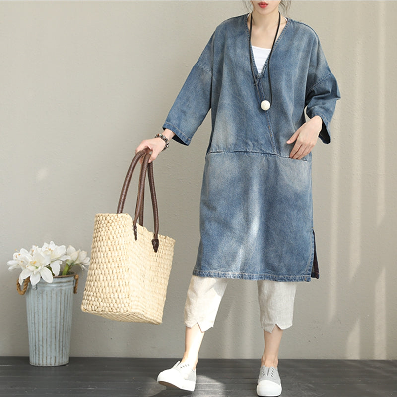Vintage Loose Blue Denim Dresses Women Cotton Fall Outfits Q1388