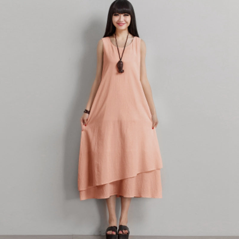 white christmas dresses Vintage Sleeveless Cotton Maxi Dresses Women Casual Clothes Q1771–  FantasyLinen