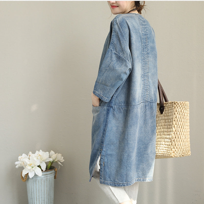 Vintage Loose Blue Denim Dresses Women Cotton Fall Outfits Q1388 Vintage Loose Blue Denim Dresses Women Cotton Fall Outfits Q1388