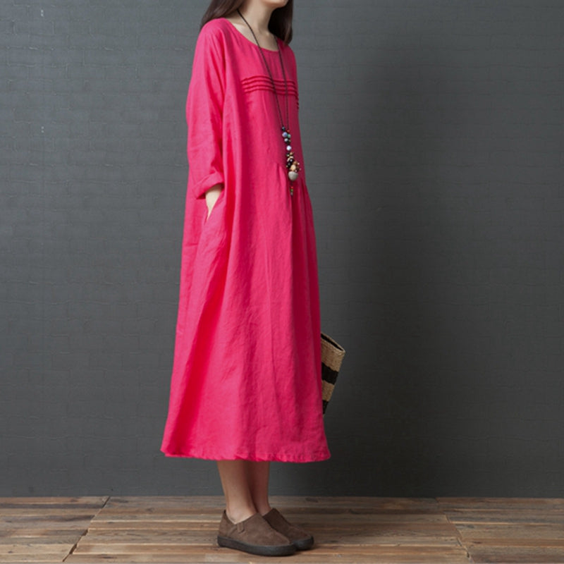 Korea Style Loose Linen Maxi Dresses For Women Q3093