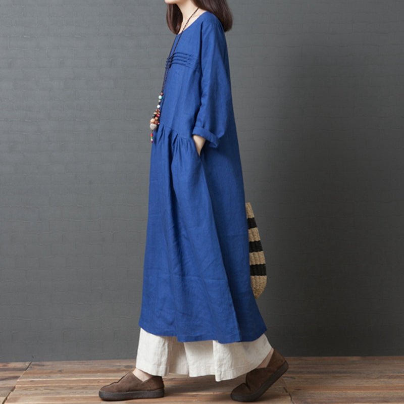 Korea Style Loose Linen Maxi Dresses For Women Q3093