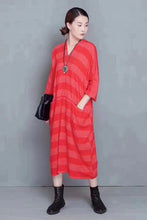Load image into Gallery viewer, Fashion Striped Linen Maxi Dress Women Autumn Outfits 810
