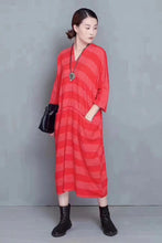 Load image into Gallery viewer, Fashion Striped Linen Maxi Dress Women Autumn Outfits 810