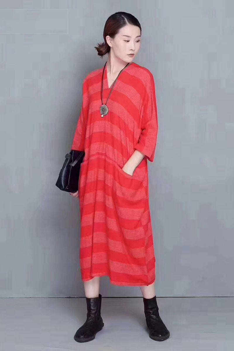 Fashion Striped Linen Maxi Dress Women Autumn Outfits 810
