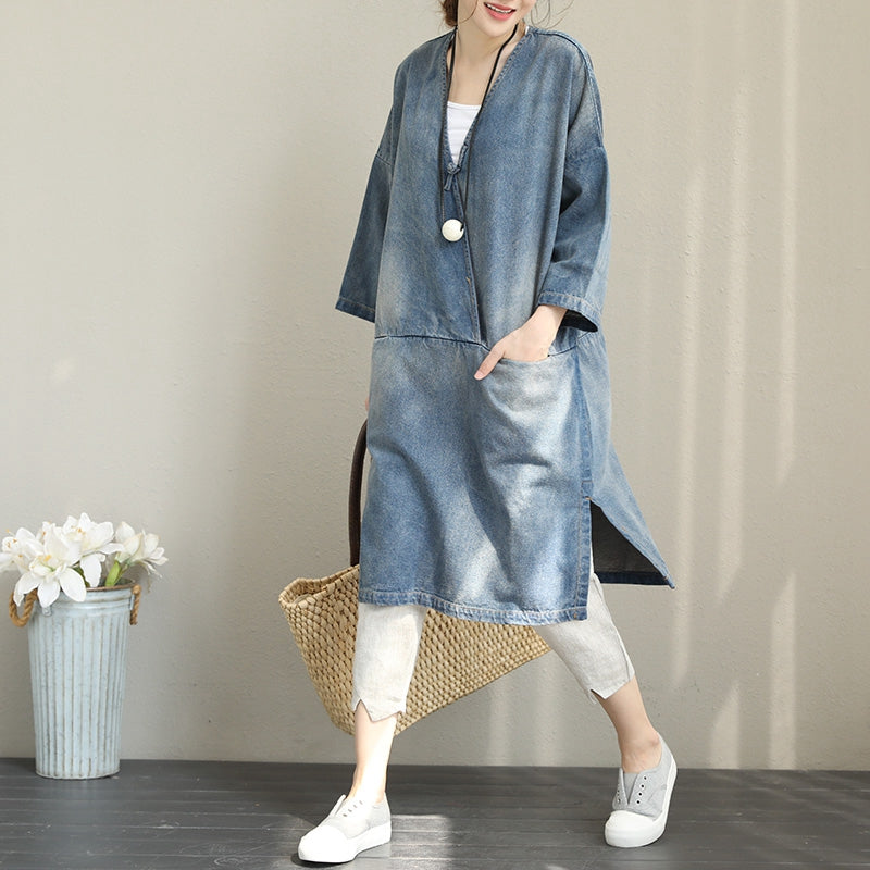 Vintage Loose Blue Denim Dresses Women Cotton Fall Outfits Q1388–  FantasyLinen