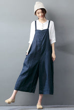 Load image into Gallery viewer, Navy Blue Cotton Linen Casual Loose Overalls Big Pocket Maxi Size Trousers Fashion Jumpsuit - FantasyLinen