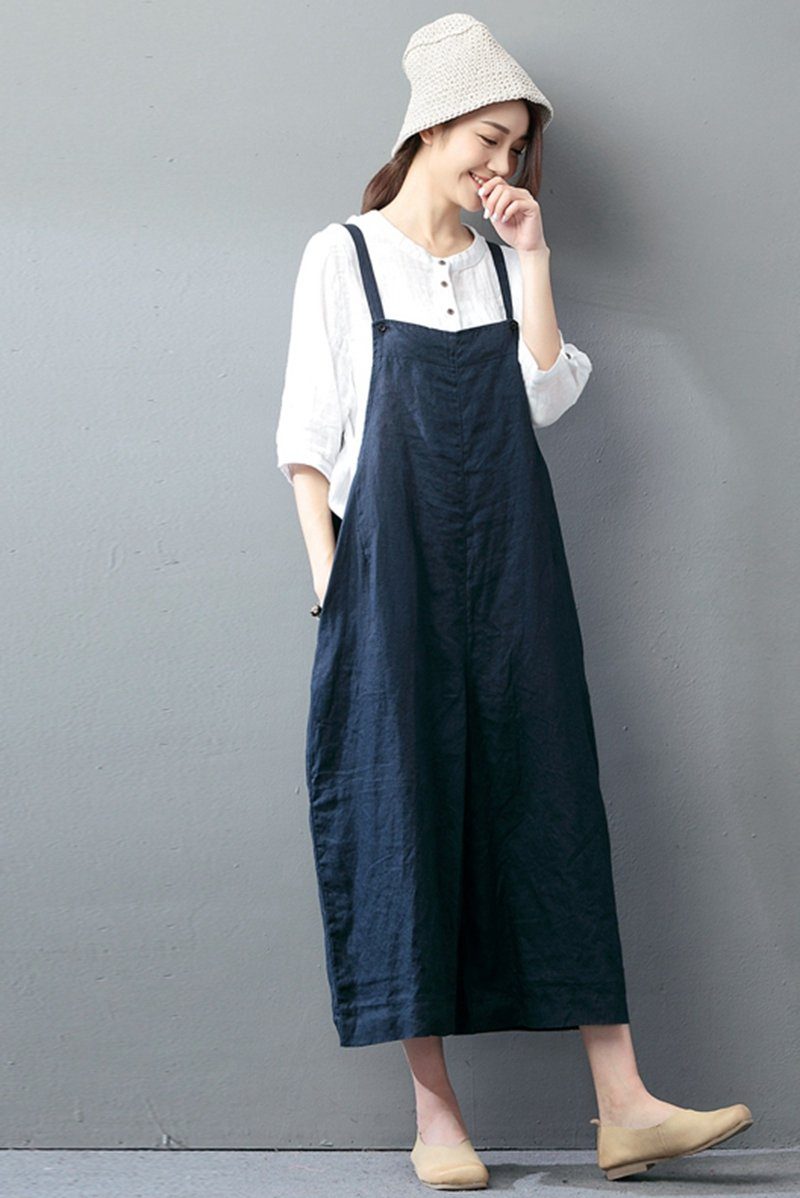 loose overall dress Navy Blue Cotton Linen Casual Loose Overalls Big Pocket Maxi Size Trousers Fashion Jumpsuit S / Navy Blue