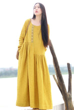 Load image into Gallery viewer, Embroidered Linen Dresses Long Sleeve Linen Caftans Gown For Fall/Winter - FantasyLinen
