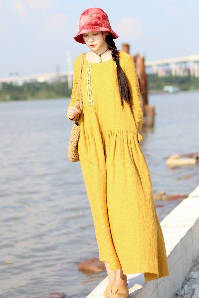 Embroidered Linen Dresses Long Sleeve Linen Caftans Gown for Fall/Winter Embroidered Linen Dresses Long Sleeve Linen Caftans Gown for Fall/Winter