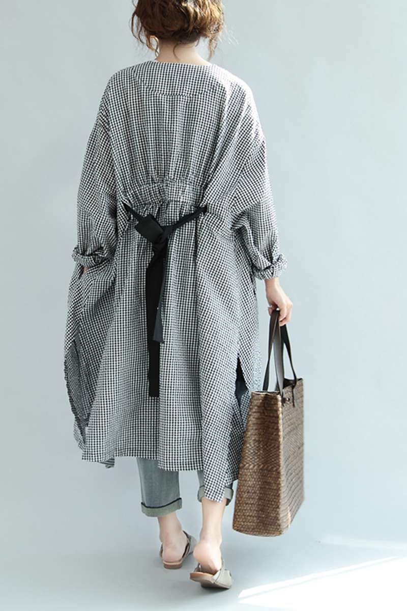 Spring Linen Plaid Casual Loose Long Shirt Dress For Women S3405 FantasyLinen Spring Linen Plaid Casual Loose Long Shirt Dress For Women S3405 FantasyLinen