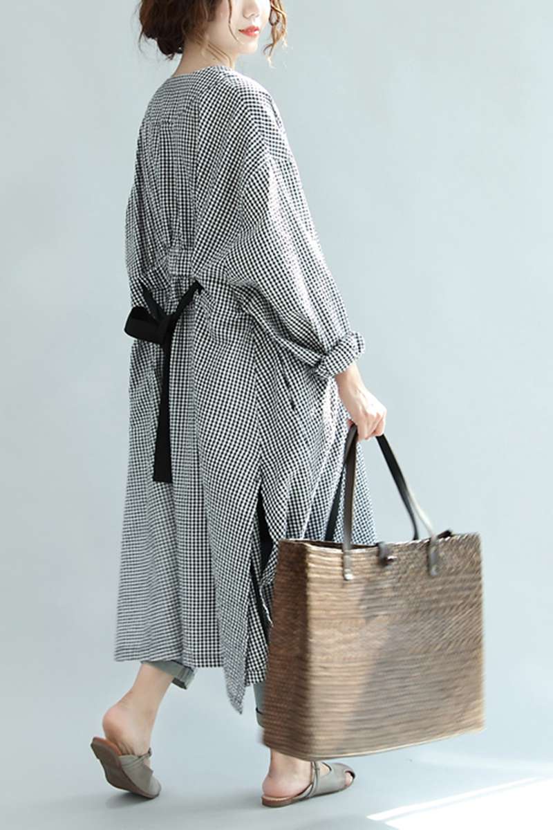 Spring Linen Plaid Casual Loose Long Shirt Dress For Women S3405–  FantasyLinen