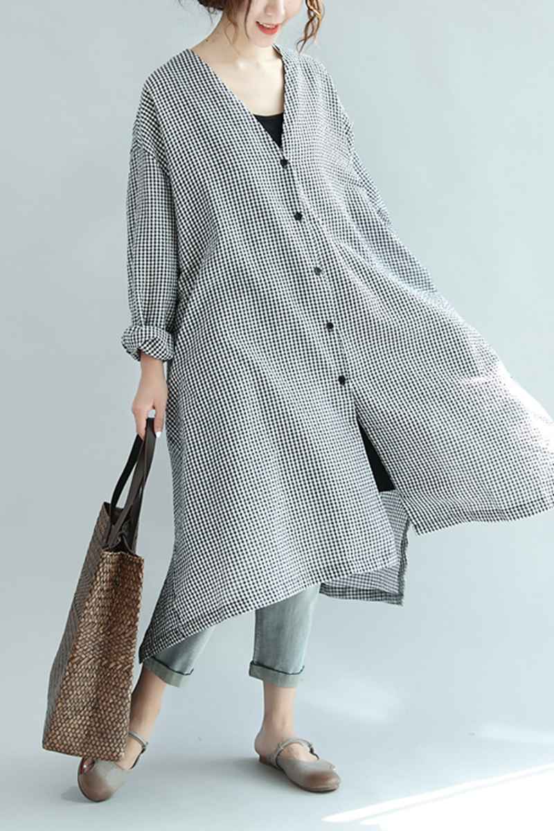Spring Linen Plaid Casual Loose Long Shirt Dress For Women S3405 Spring Linen Plaid Casual Loose Long Shirt Dress For Women S3405