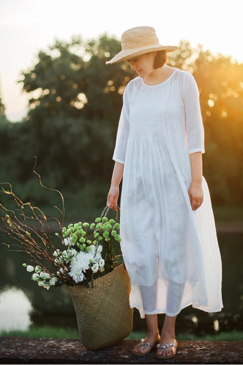 Spring Silk Cotton Dress Casual A-Line Maxi Dress FantasyLinen Spring Silk Cotton Dress Casual A-Line Maxi Dress FantasyLinen