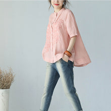 Load image into Gallery viewer, Summer Stand Collar A Line Embroidery Doll T Shirt Women Blouse Q1006
